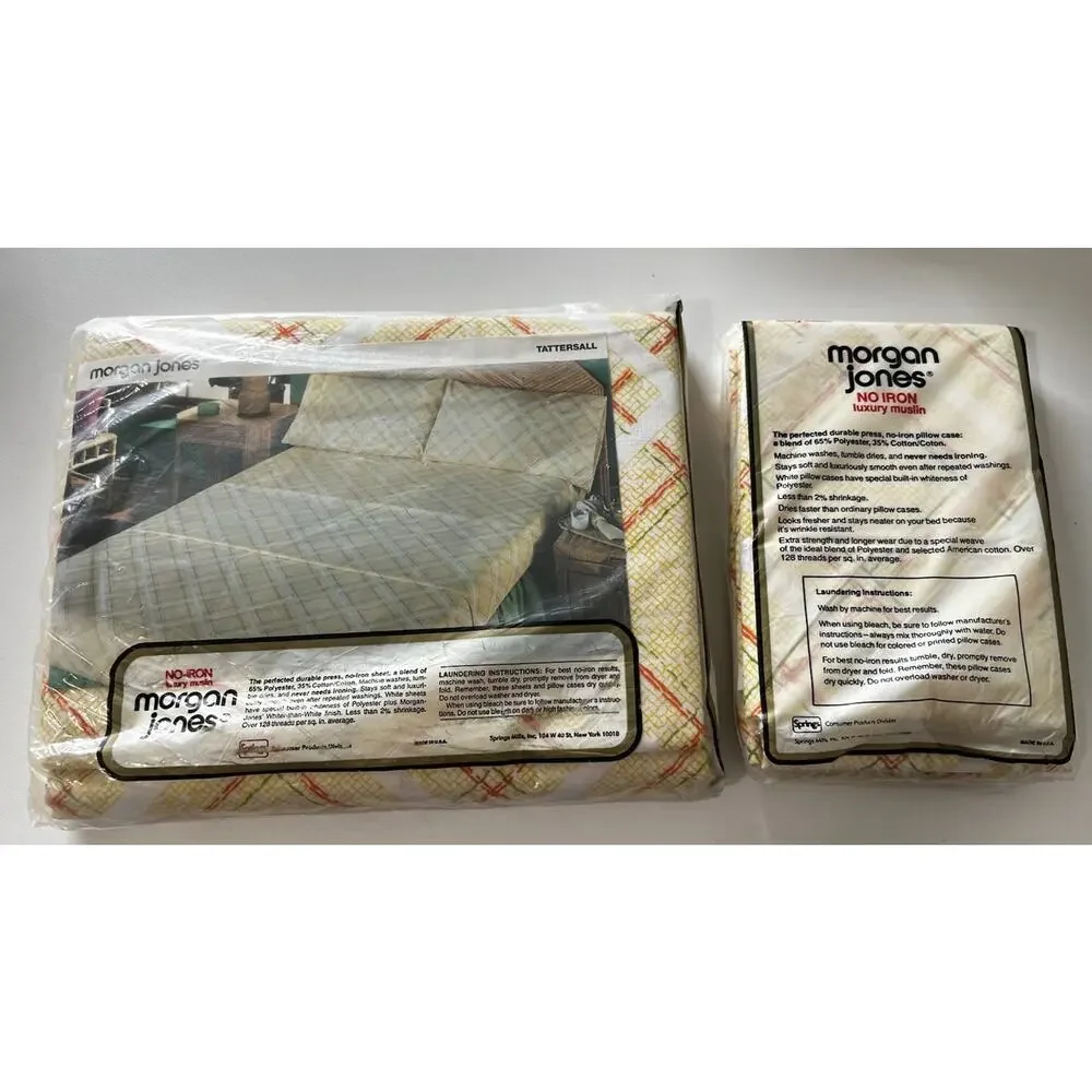 Vtg Morgan Jones Full Flat Sheet & Pillowcases Retro Tattersall Luxury Muslin
